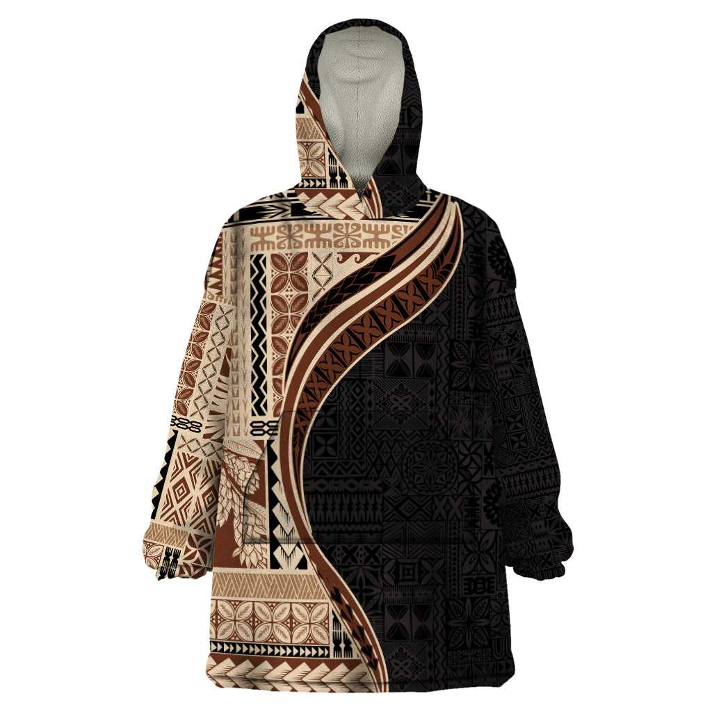 Samoa Siapo Motif and Tapa Pattern Half Style Wearable Blanket Hoodie Beige Color LT03 One Size Beige - Polynesian Pride