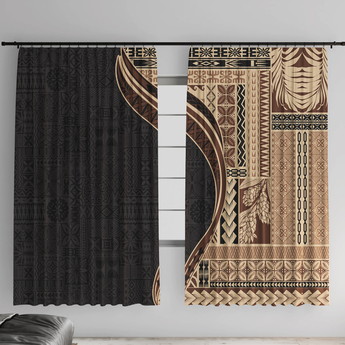 Samoa Siapo Motif and Tapa Pattern Half Style Window Curtain Beige Color LT03 With Hooks Beige - Polynesian Pride