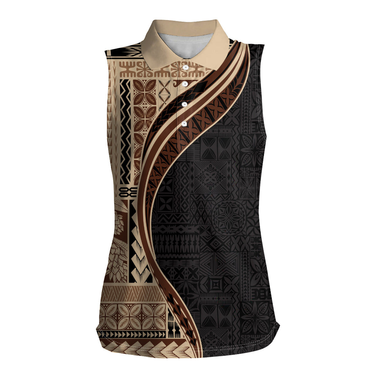 Samoa Siapo Motif and Tapa Pattern Half Style Women Sleeveless Polo Shirt Beige Color LT03 Female Beige - Polynesian Pride
