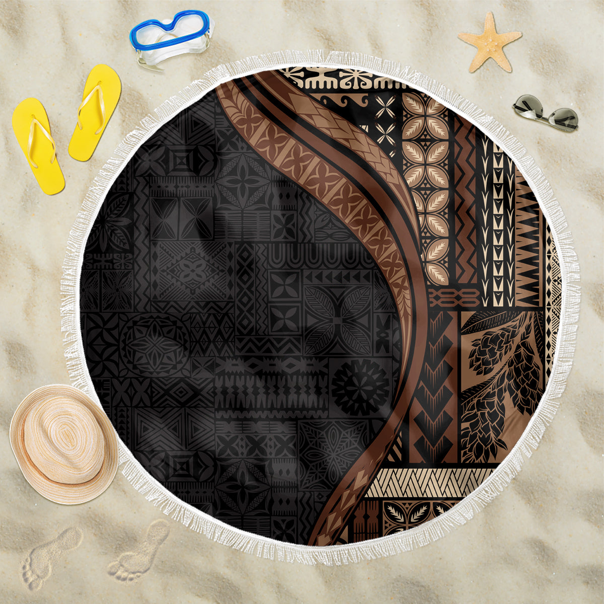 Samoa Siapo Motif and Tapa Pattern Half Style Beach Blanket Black Color LT03 One Size 150cm Black - Polynesian Pride