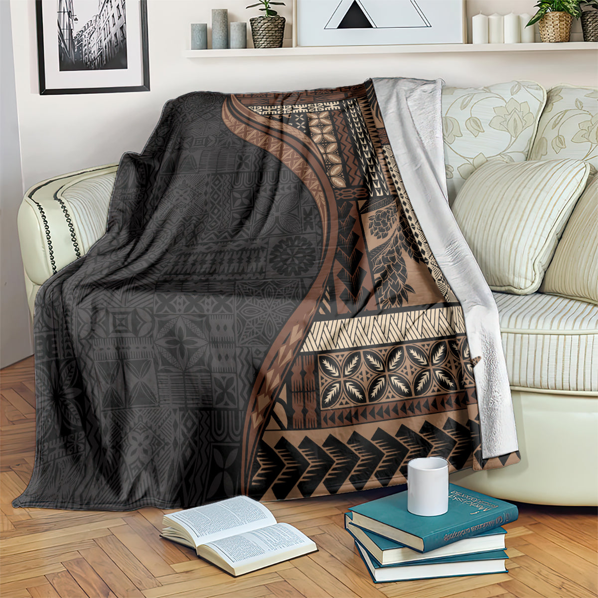 Samoa Siapo Motif and Tapa Pattern Half Style Blanket Black Color LT03 Black - Polynesian Pride