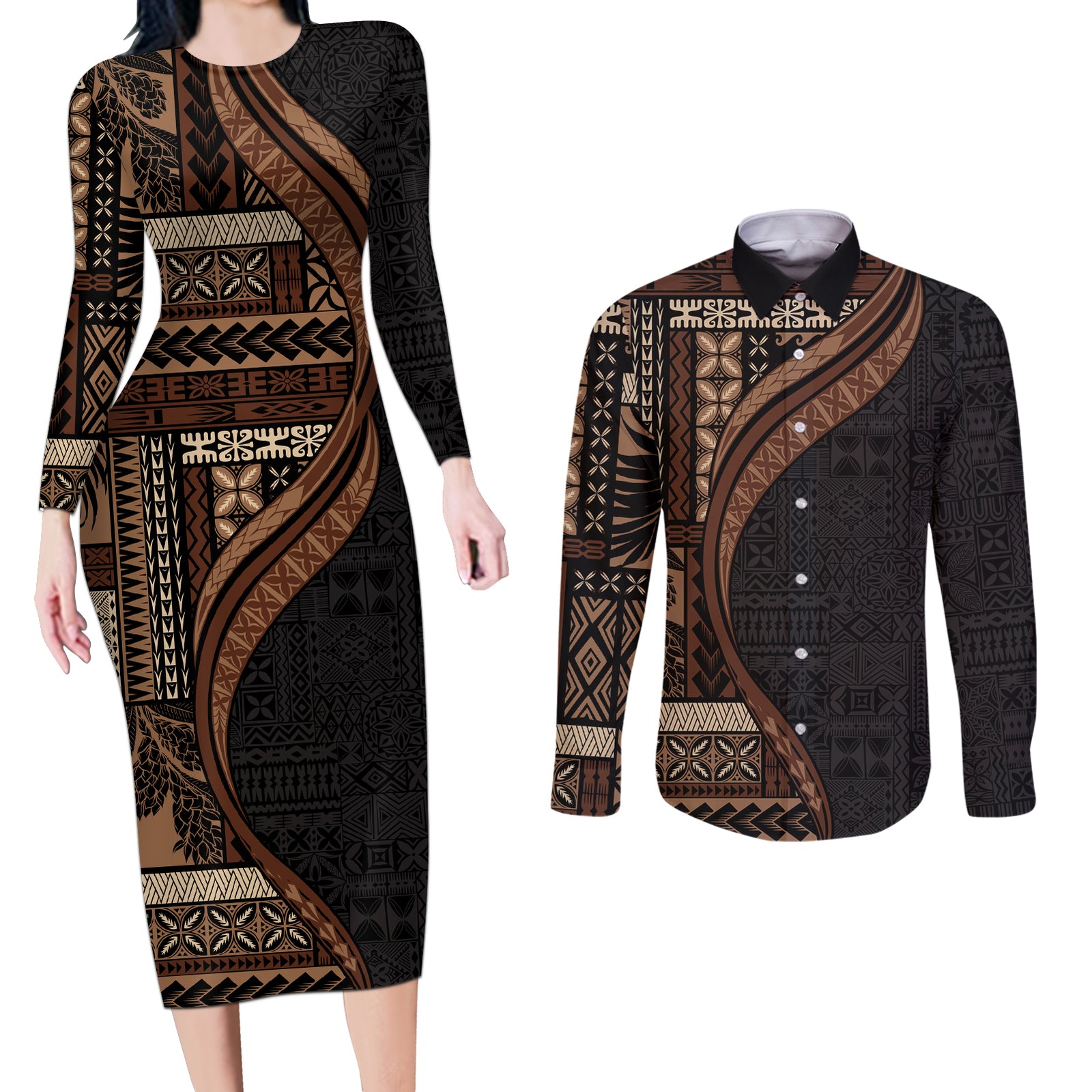 Samoa Siapo Motif and Tapa Pattern Half Style Couples Matching Long Sleeve Bodycon Dress and Long Sleeve Button Shirt Black Color LT03 Black - Polynesian Pride