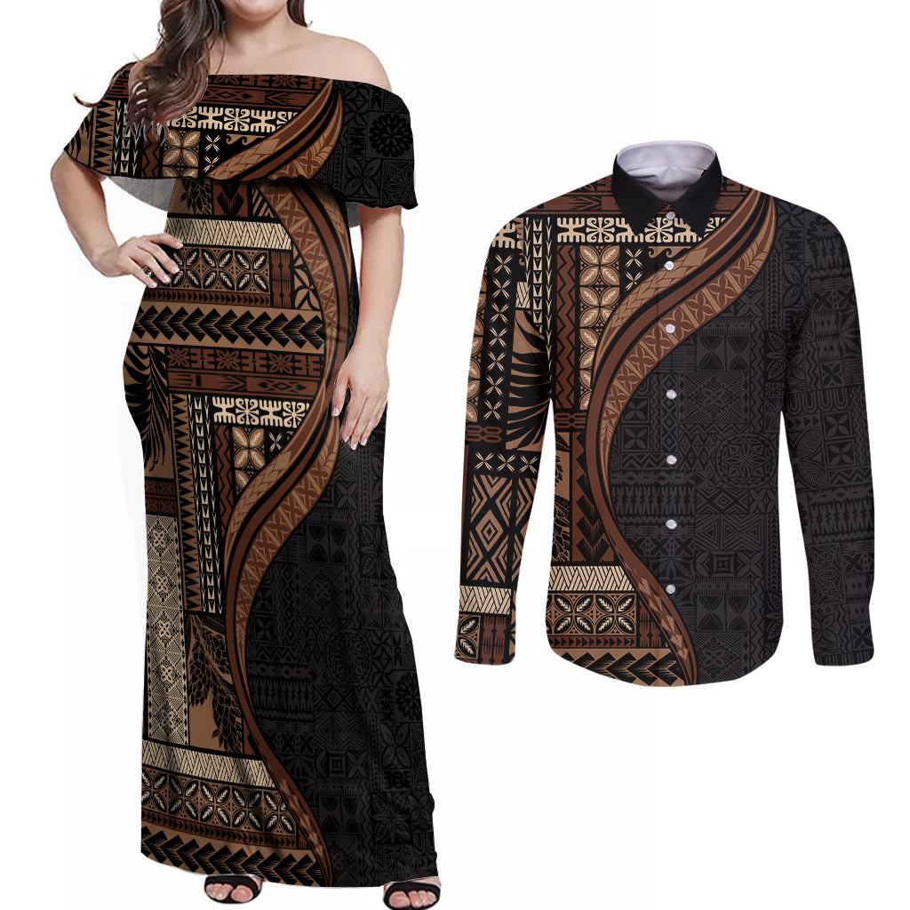 Samoa Siapo Motif and Tapa Pattern Half Style Couples Matching Off Shoulder Maxi Dress and Long Sleeve Button Shirt Black Color LT03 Black - Polynesian Pride