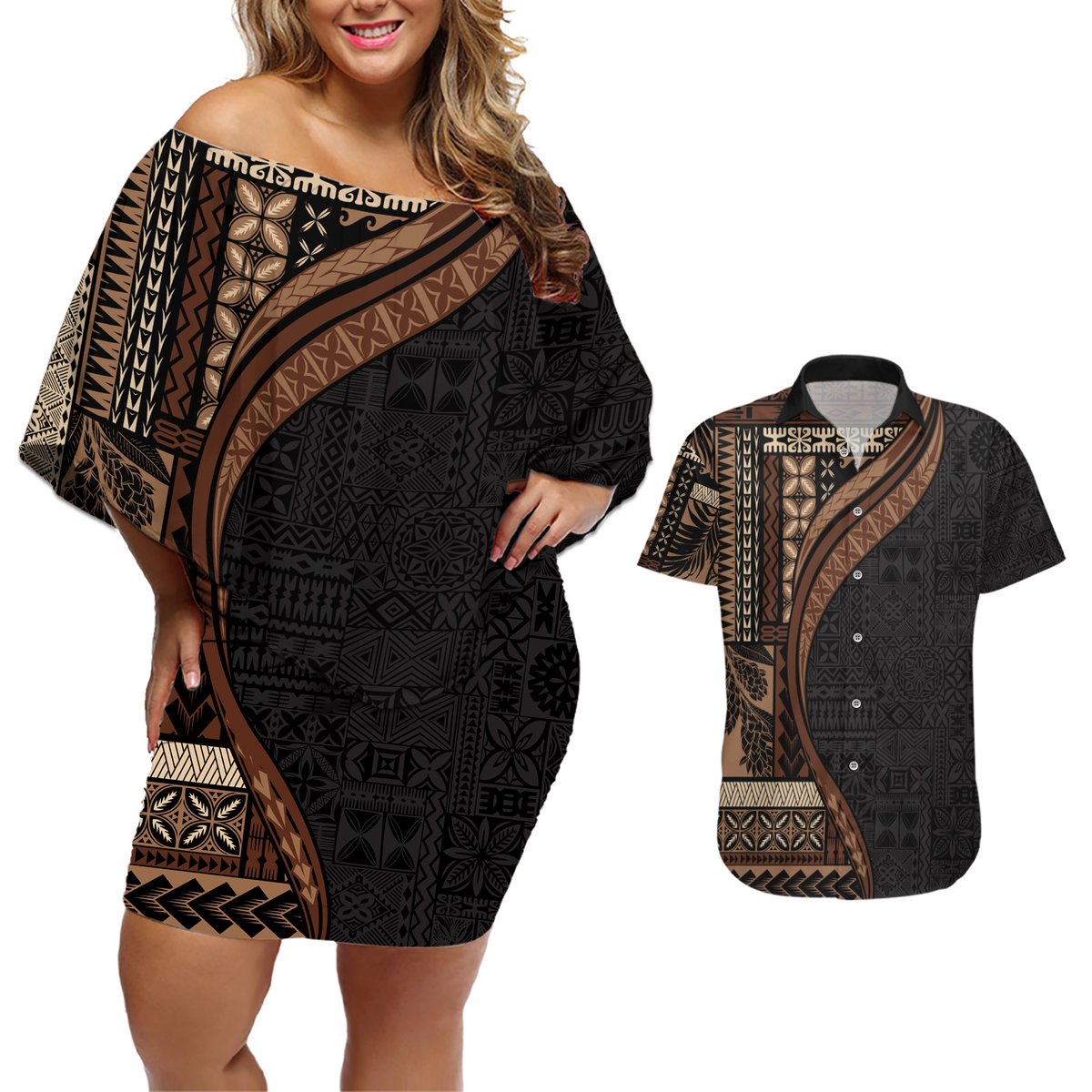 Samoa Siapo Motif and Tapa Pattern Half Style Couples Matching Off Shoulder Short Dress and Hawaiian Shirt Black Color LT03 Black - Polynesian Pride