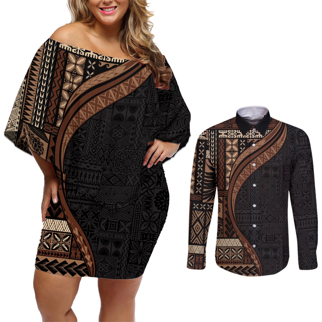 Samoa Siapo Motif and Tapa Pattern Half Style Couples Matching Off Shoulder Short Dress and Long Sleeve Button Shirt Black Color LT03 Black - Polynesian Pride