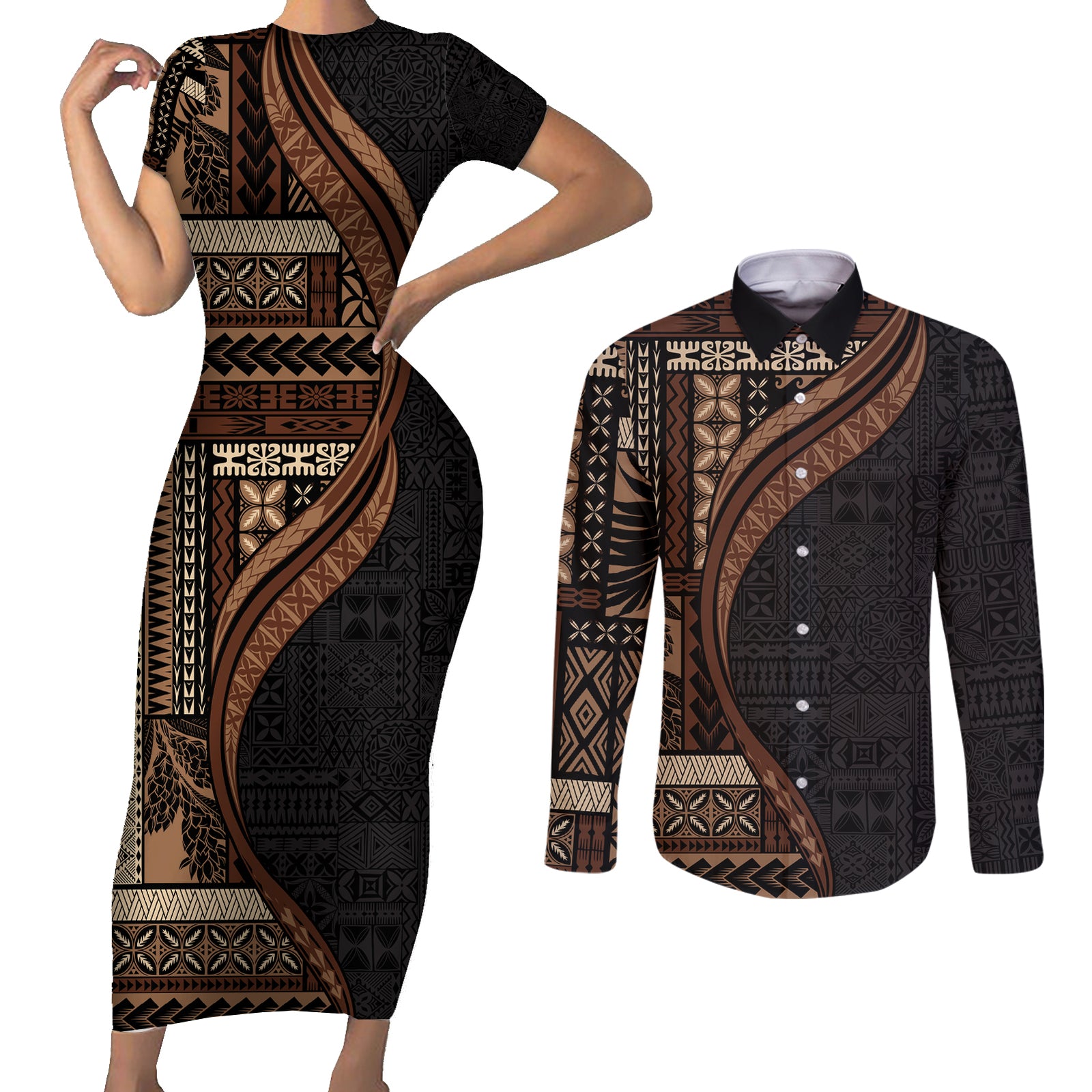 Samoa Siapo Motif and Tapa Pattern Half Style Couples Matching Short Sleeve Bodycon Dress and Long Sleeve Button Shirt Black Color LT03 Black - Polynesian Pride