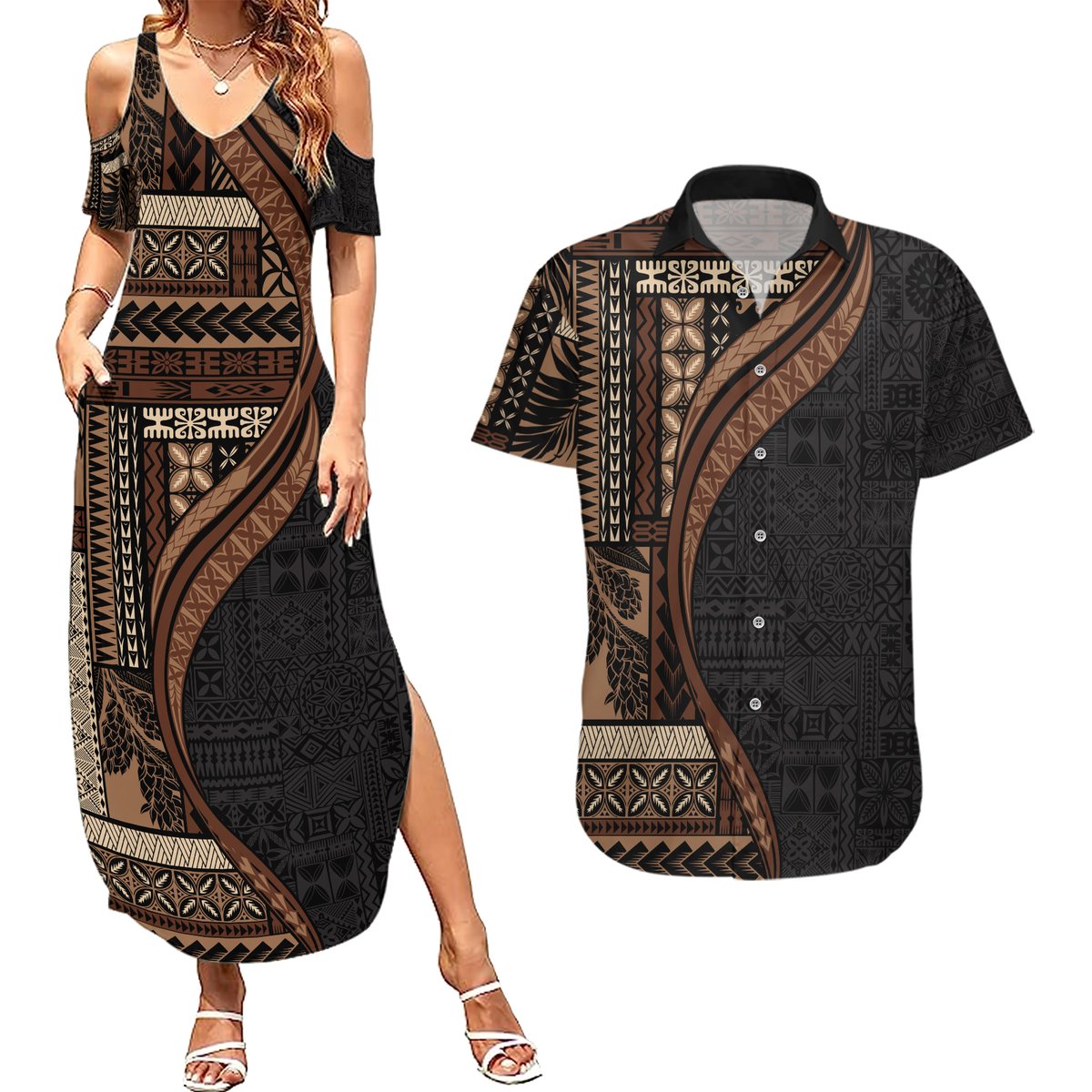 Samoa Siapo Motif and Tapa Pattern Half Style Couples Matching Summer Maxi Dress and Hawaiian Shirt Black Color LT03 Black - Polynesian Pride