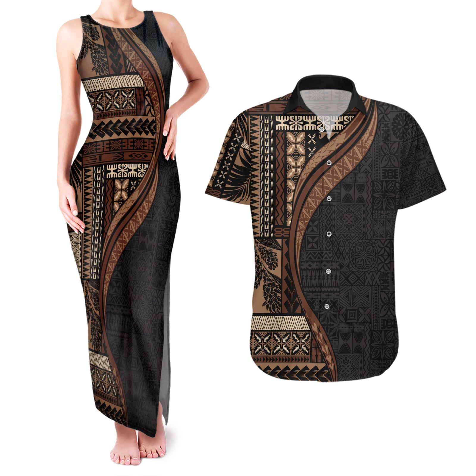Samoa Siapo Motif and Tapa Pattern Half Style Couples Matching Tank Maxi Dress and Hawaiian Shirt Black Color LT03 Black - Polynesian Pride