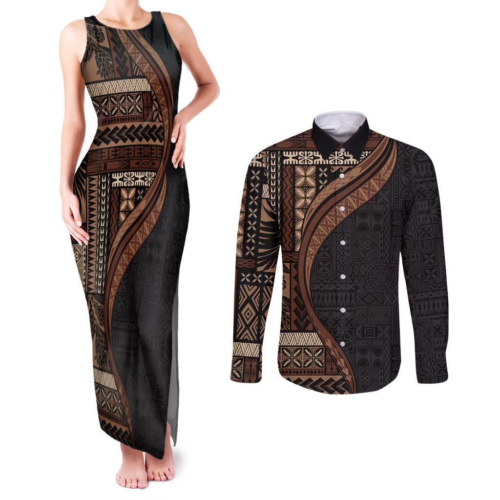 Samoa Siapo Motif and Tapa Pattern Half Style Couples Matching Tank Maxi Dress and Long Sleeve Button Shirt Black Color LT03 Black - Polynesian Pride