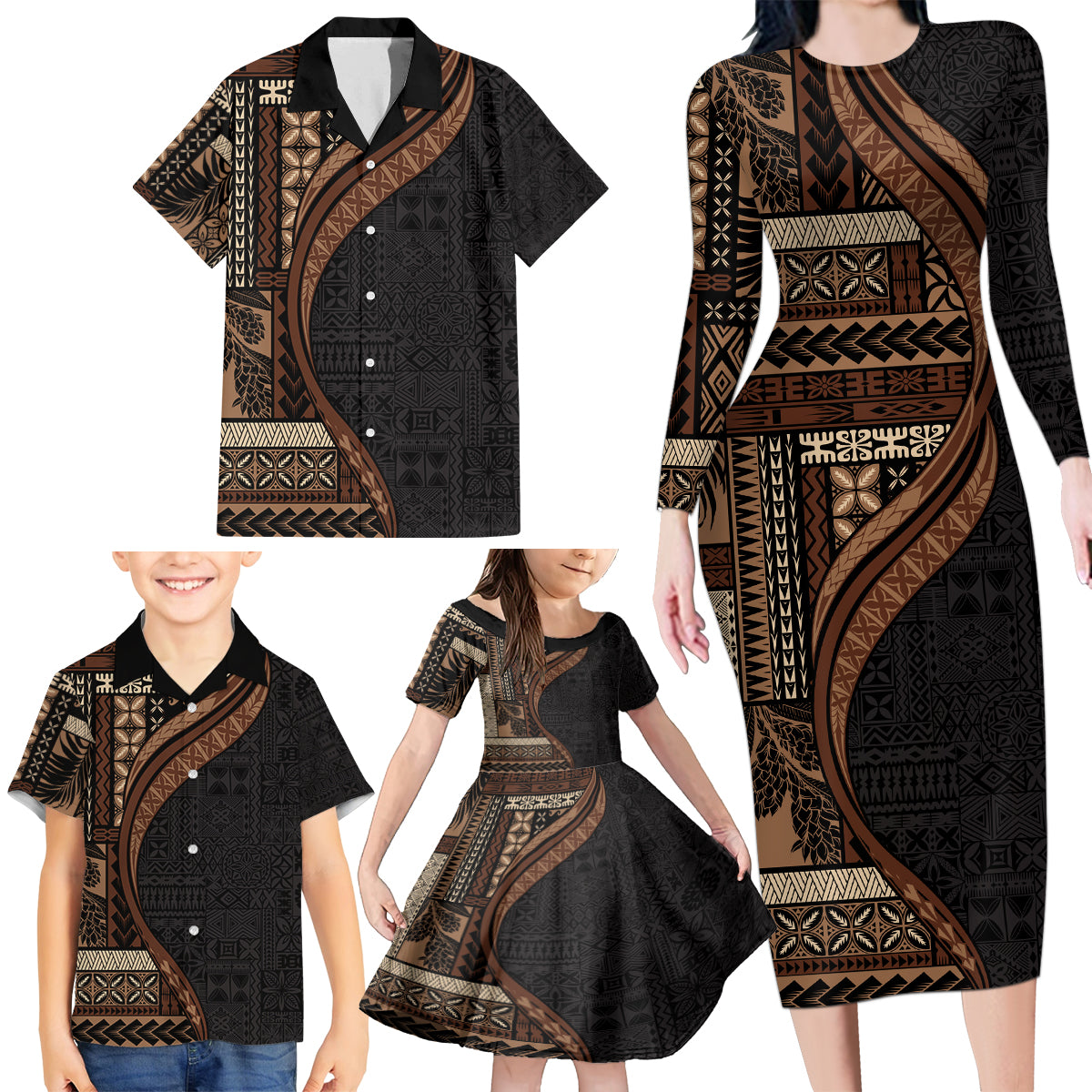 Samoa Siapo Motif and Tapa Pattern Half Style Family Matching Long Sleeve Bodycon Dress and Hawaiian Shirt Black Color LT03 - Polynesian Pride