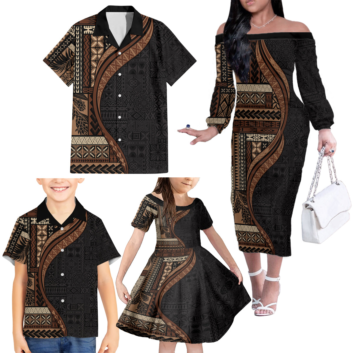 Samoa Siapo Motif and Tapa Pattern Half Style Family Matching Off The Shoulder Long Sleeve Dress and Hawaiian Shirt Black Color LT03 - Polynesian Pride