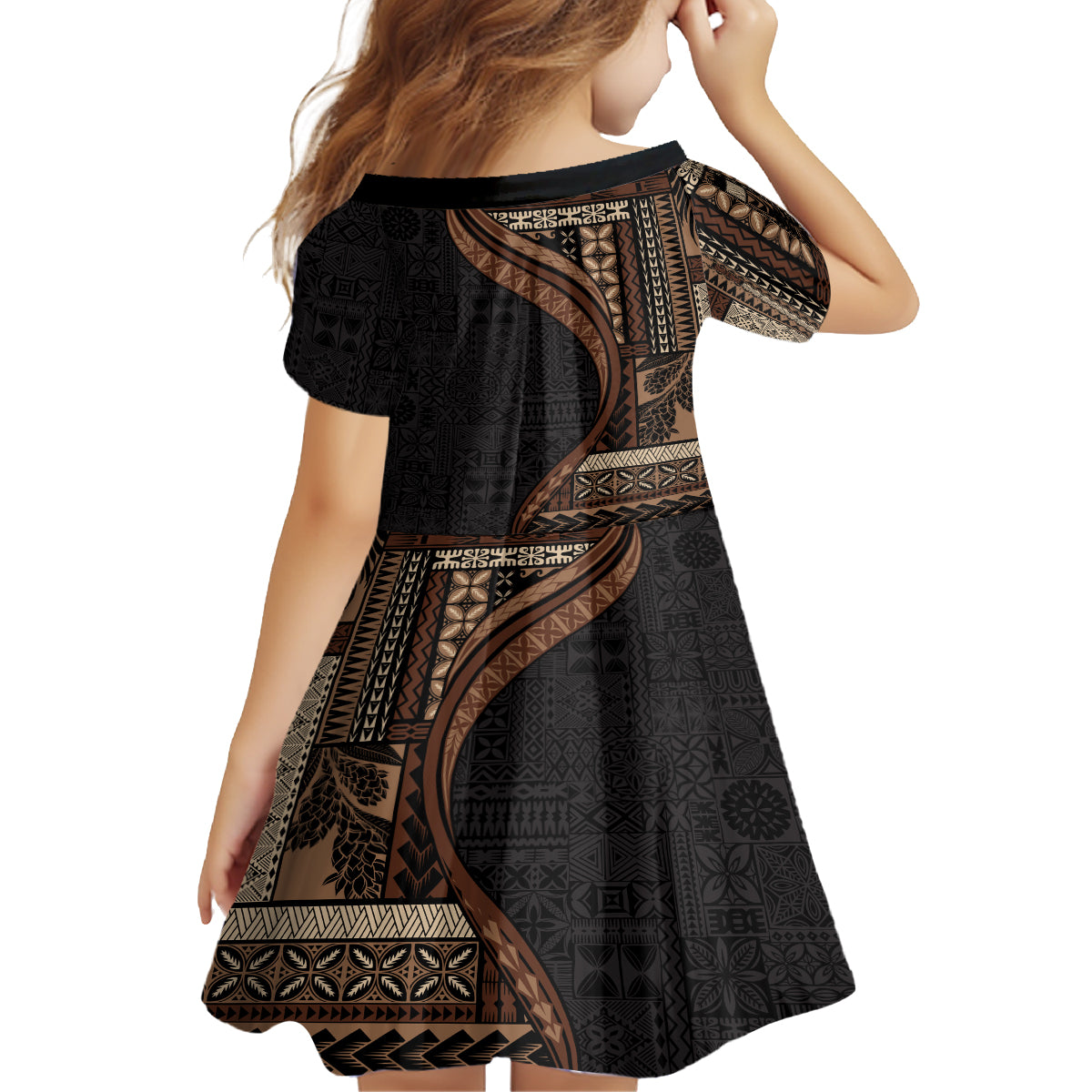 Samoa Siapo Motif and Tapa Pattern Half Style Family Matching Off Shoulder Short Dress and Hawaiian Shirt Black Color