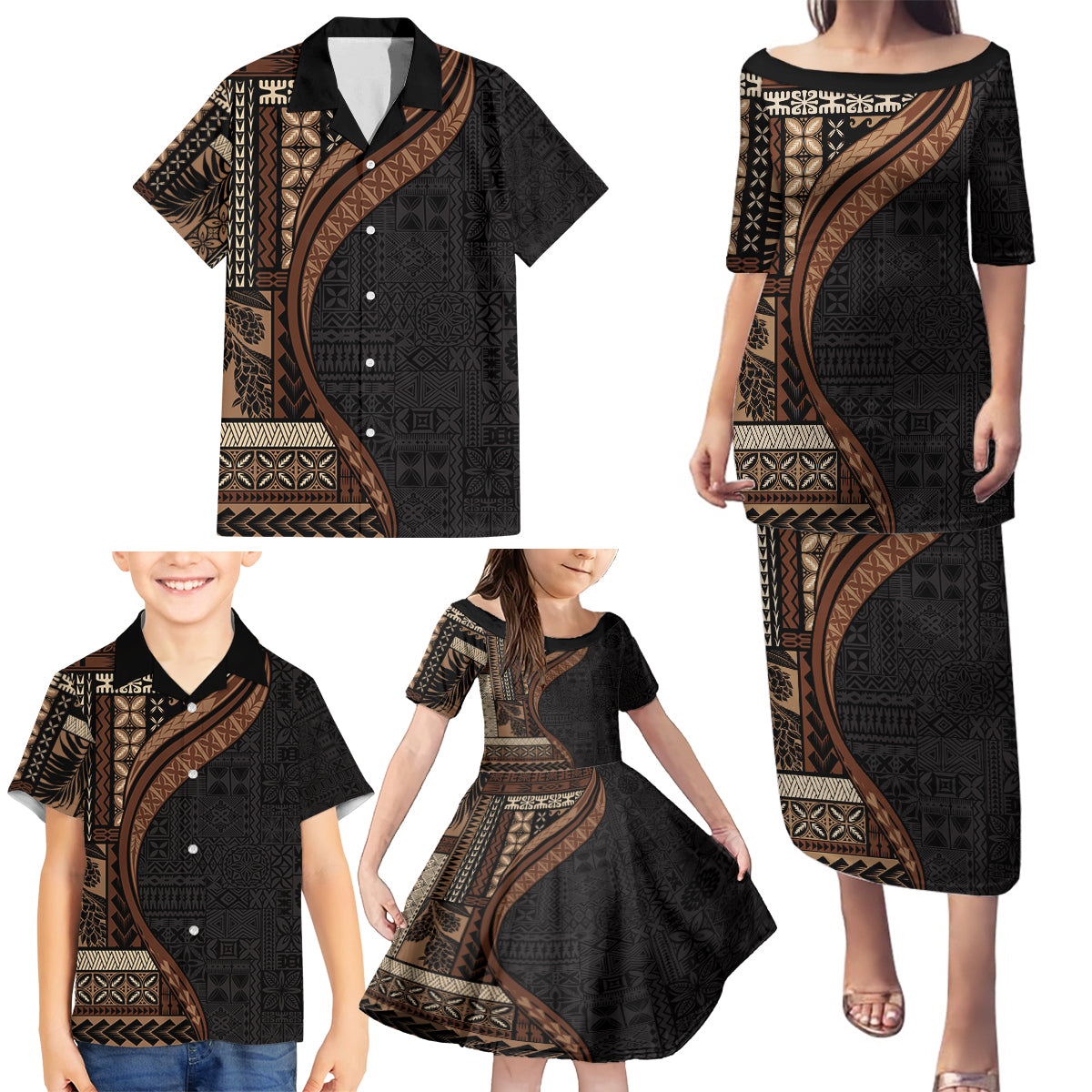 Samoa Siapo Motif and Tapa Pattern Half Style Family Matching Puletasi and Hawaiian Shirt Black Color