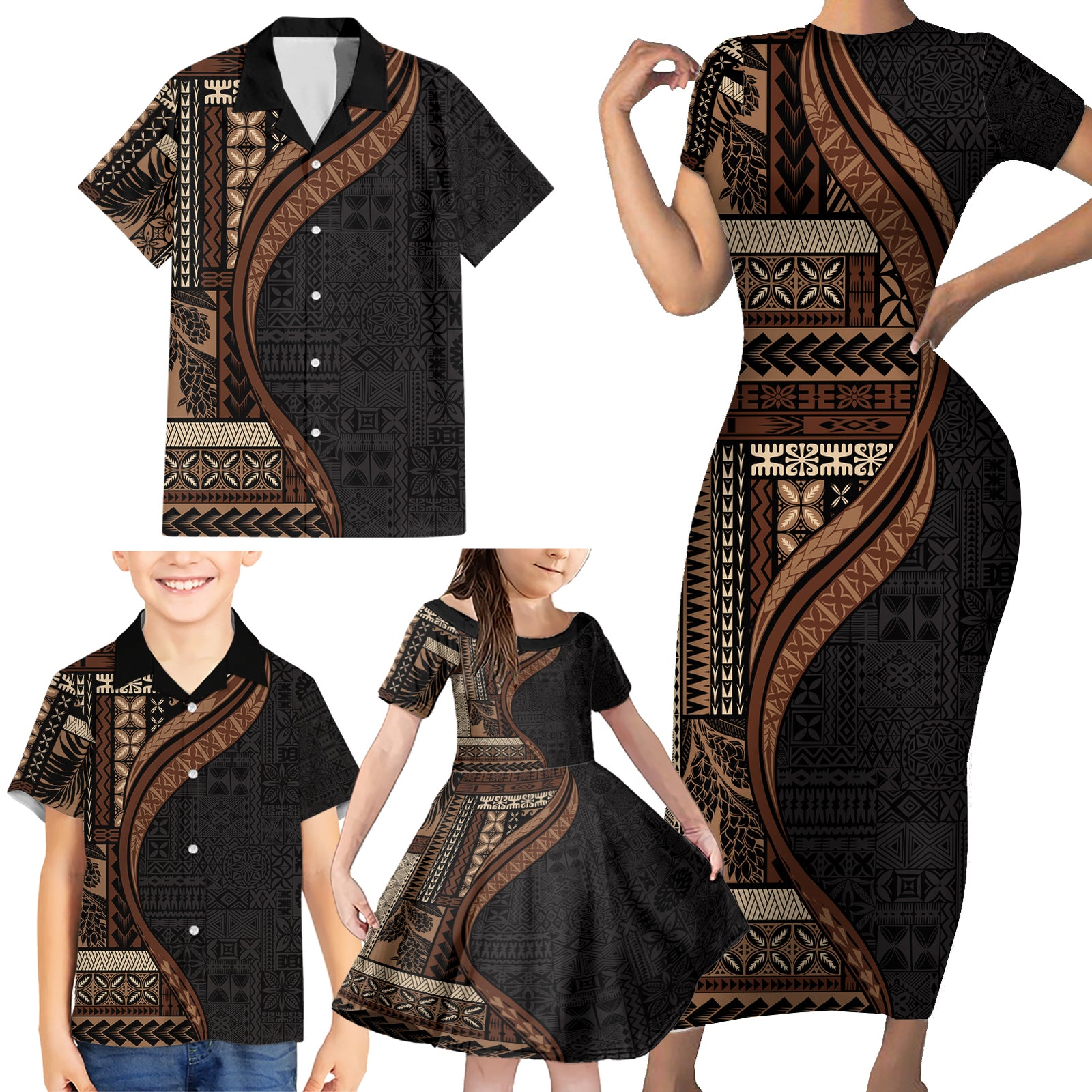 Samoa Siapo Motif and Tapa Pattern Half Style Family Matching Short Sleeve Bodycon Dress and Hawaiian Shirt Black Color LT03 - Polynesian Pride