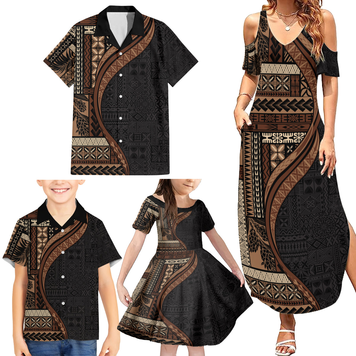 Samoa Siapo Motif and Tapa Pattern Half Style Family Matching Summer Maxi Dress and Hawaiian Shirt Black Color LT03 - Polynesian Pride