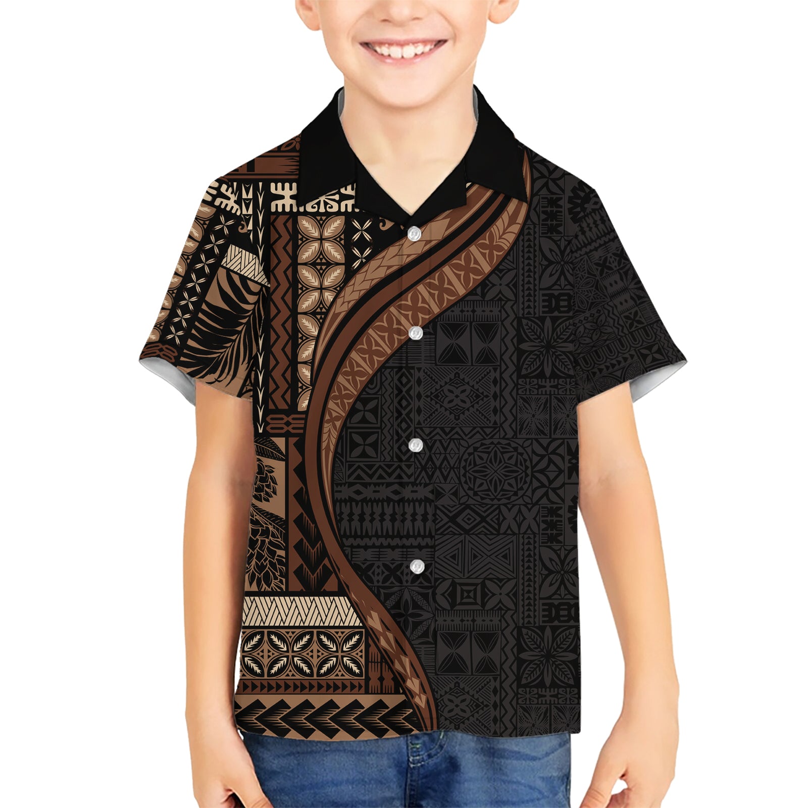 Samoa Siapo Motif and Tapa Pattern Half Style Kid Hawaiian Shirt Black Color LT03 Kid Black - Polynesian Pride
