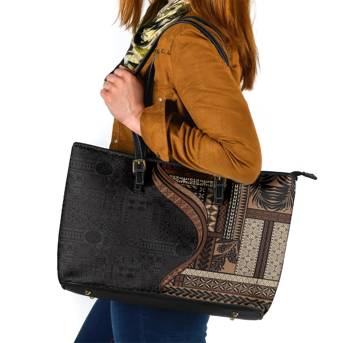 Samoa Siapo Motif and Tapa Pattern Half Style Leather Tote Bag Black Color LT03 Black - Polynesian Pride