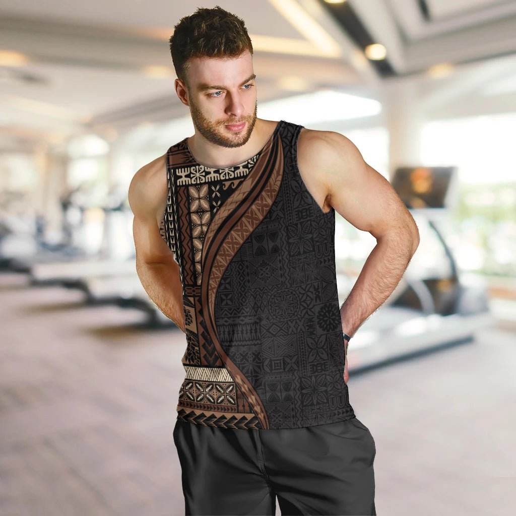 Samoa Siapo Motif and Tapa Pattern Half Style Men Tank Top Black Color