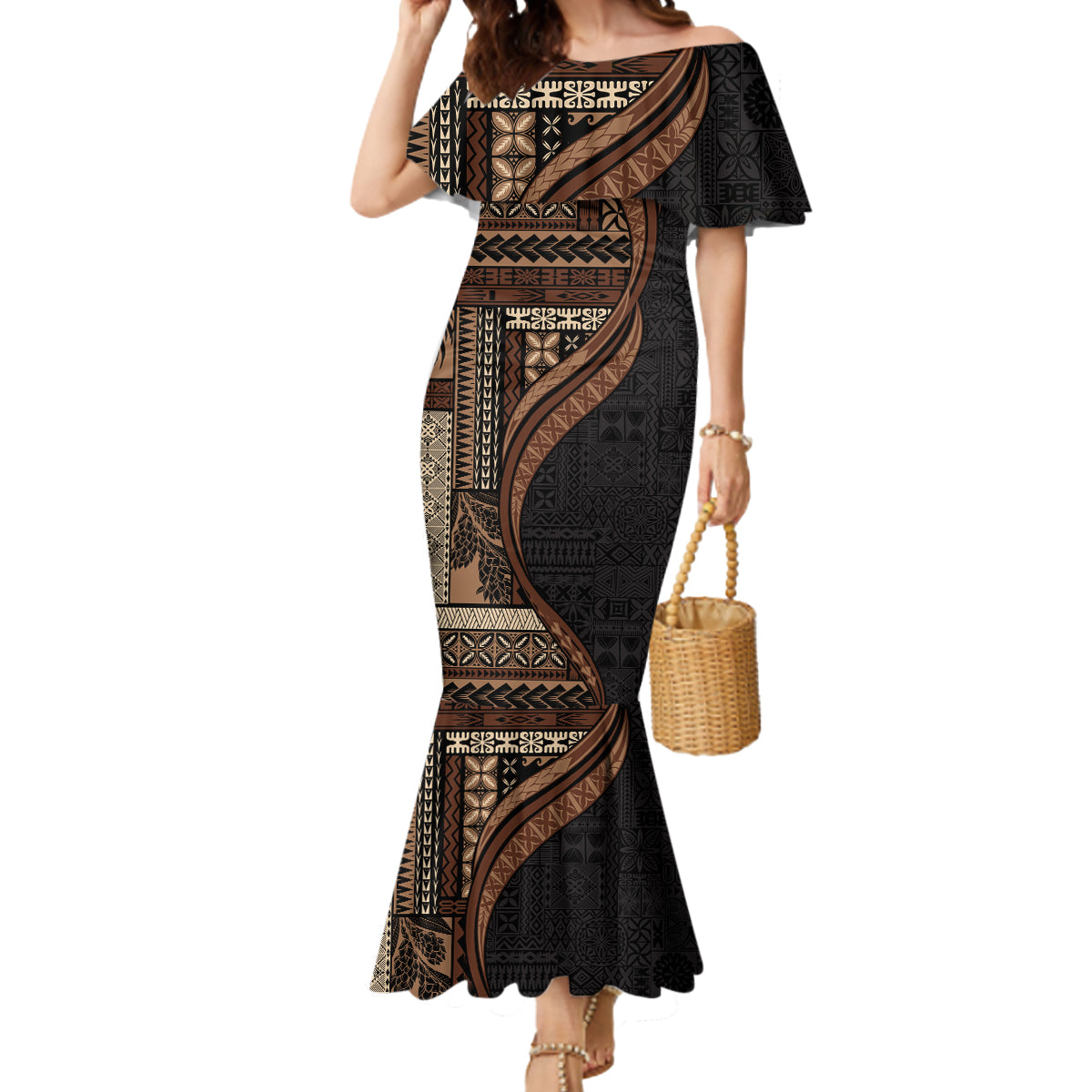 Samoa Siapo Motif and Tapa Pattern Half Style Mermaid Dress Black Color