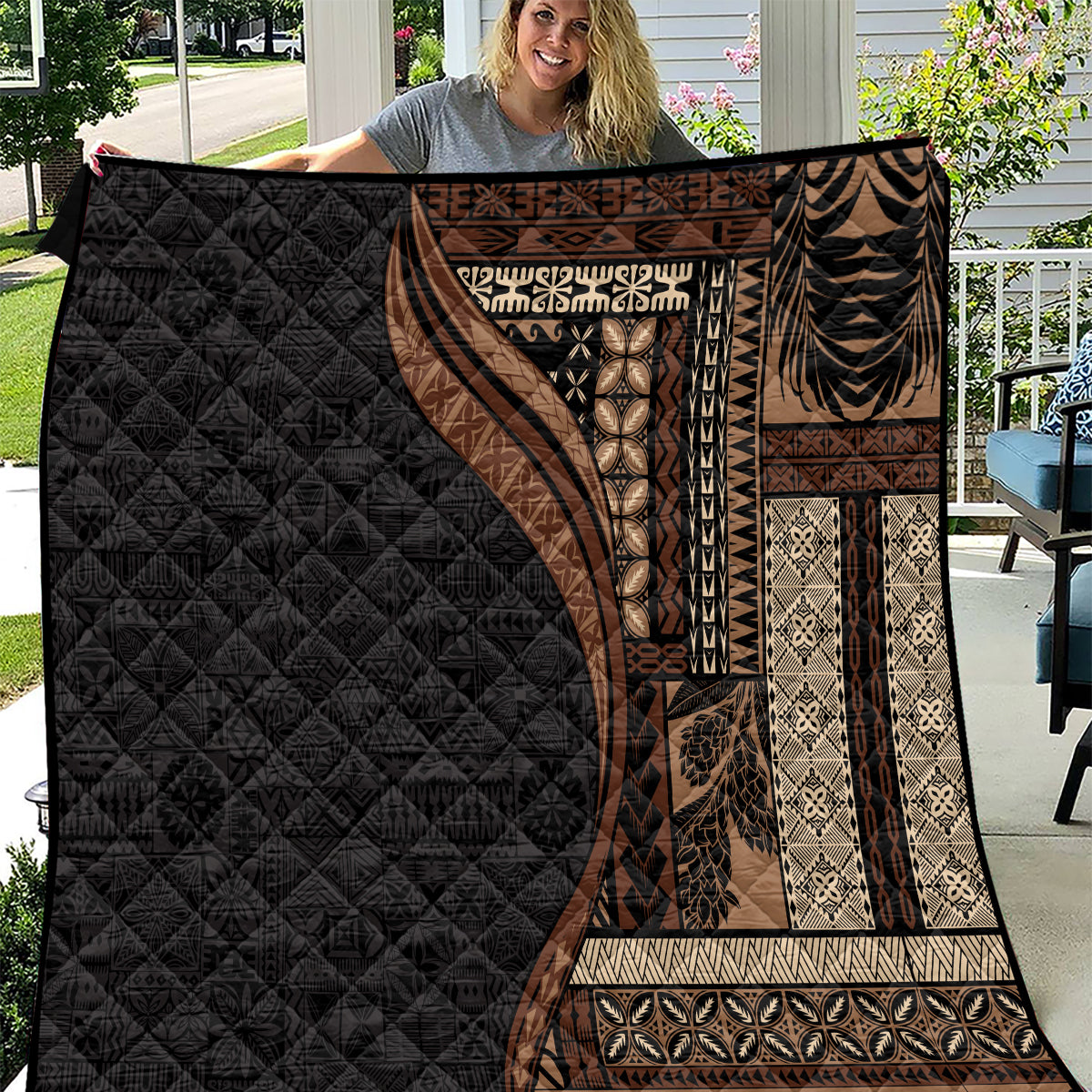 Samoa Siapo Motif and Tapa Pattern Half Style Quilt Black Color LT03 Black - Polynesian Pride