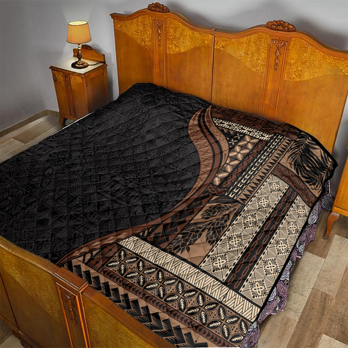 Samoa Siapo Motif and Tapa Pattern Half Style Quilt Black Color