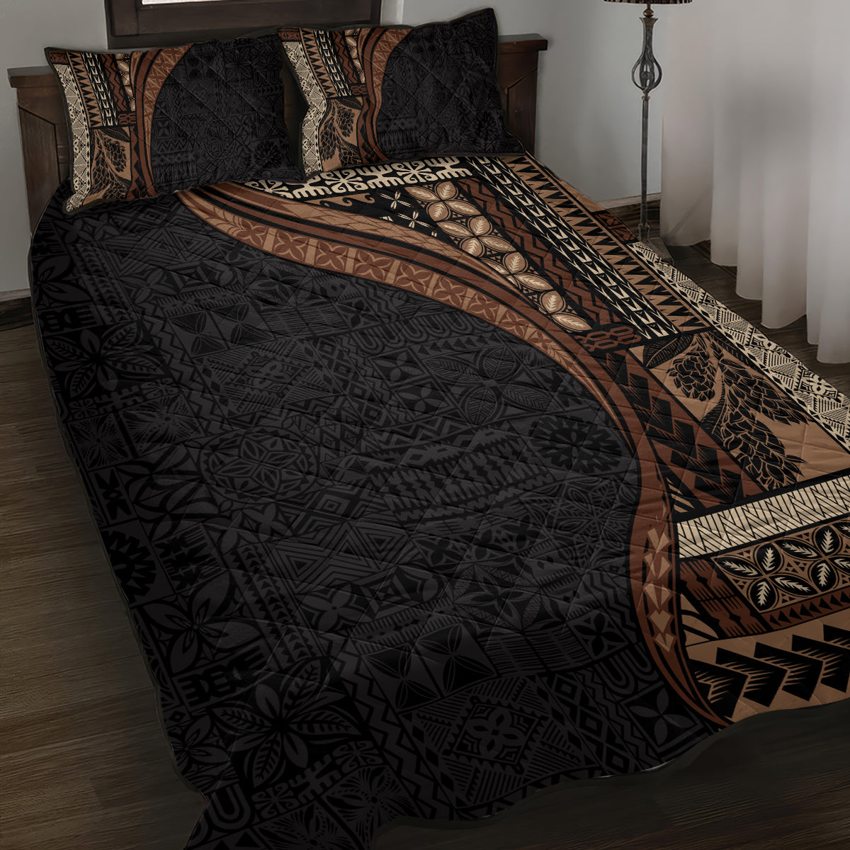 Samoa Siapo Motif and Tapa Pattern Half Style Quilt Bed Set Black Color LT03 Black - Polynesian Pride