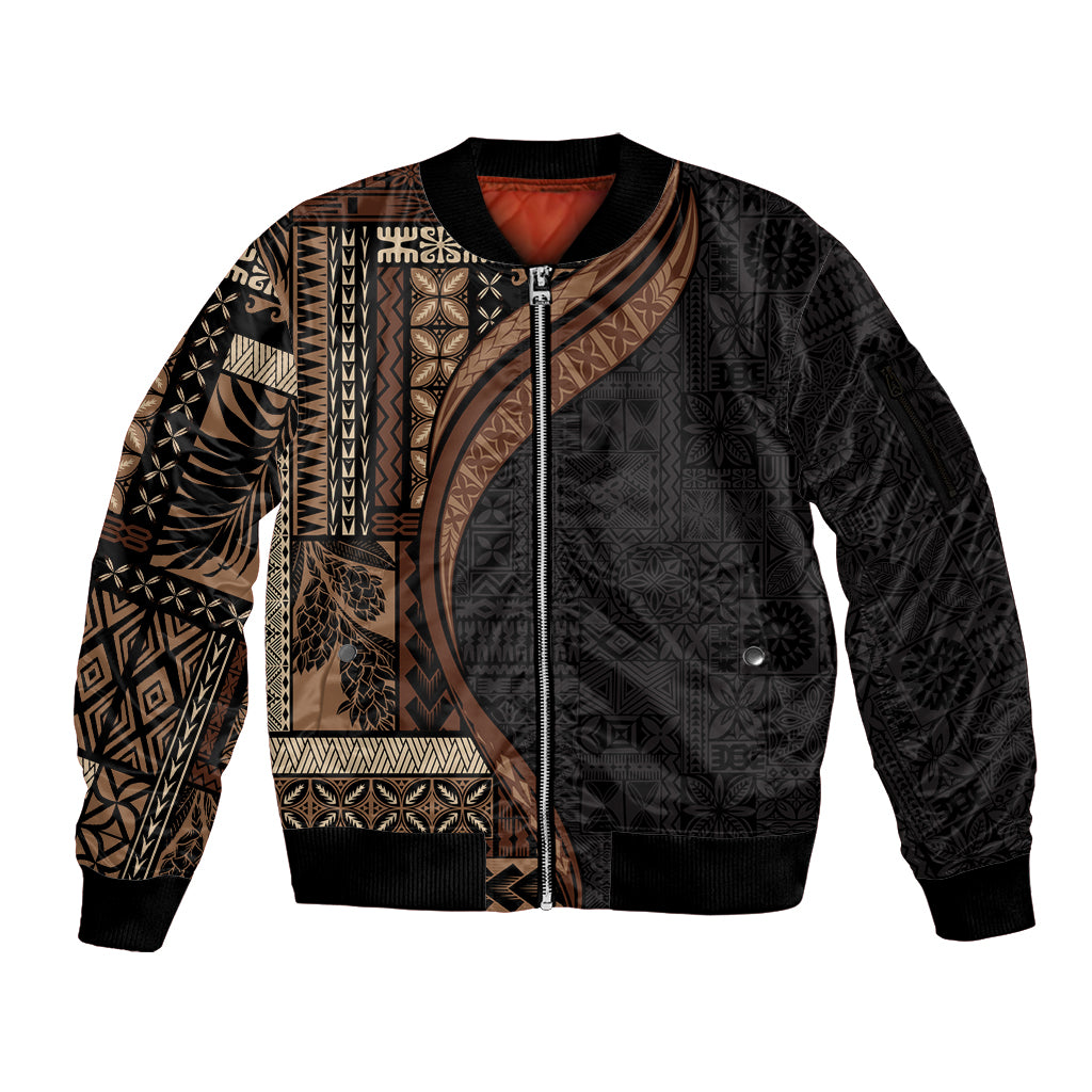 Samoa Siapo Motif and Tapa Pattern Half Style Sleeve Zip Bomber Jacket Black Color