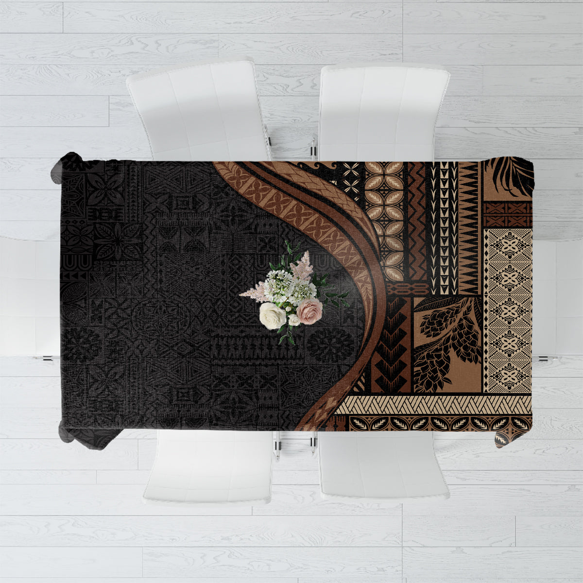 Samoa Siapo Motif and Tapa Pattern Half Style Tablecloth Black Color LT03 Black - Polynesian Pride