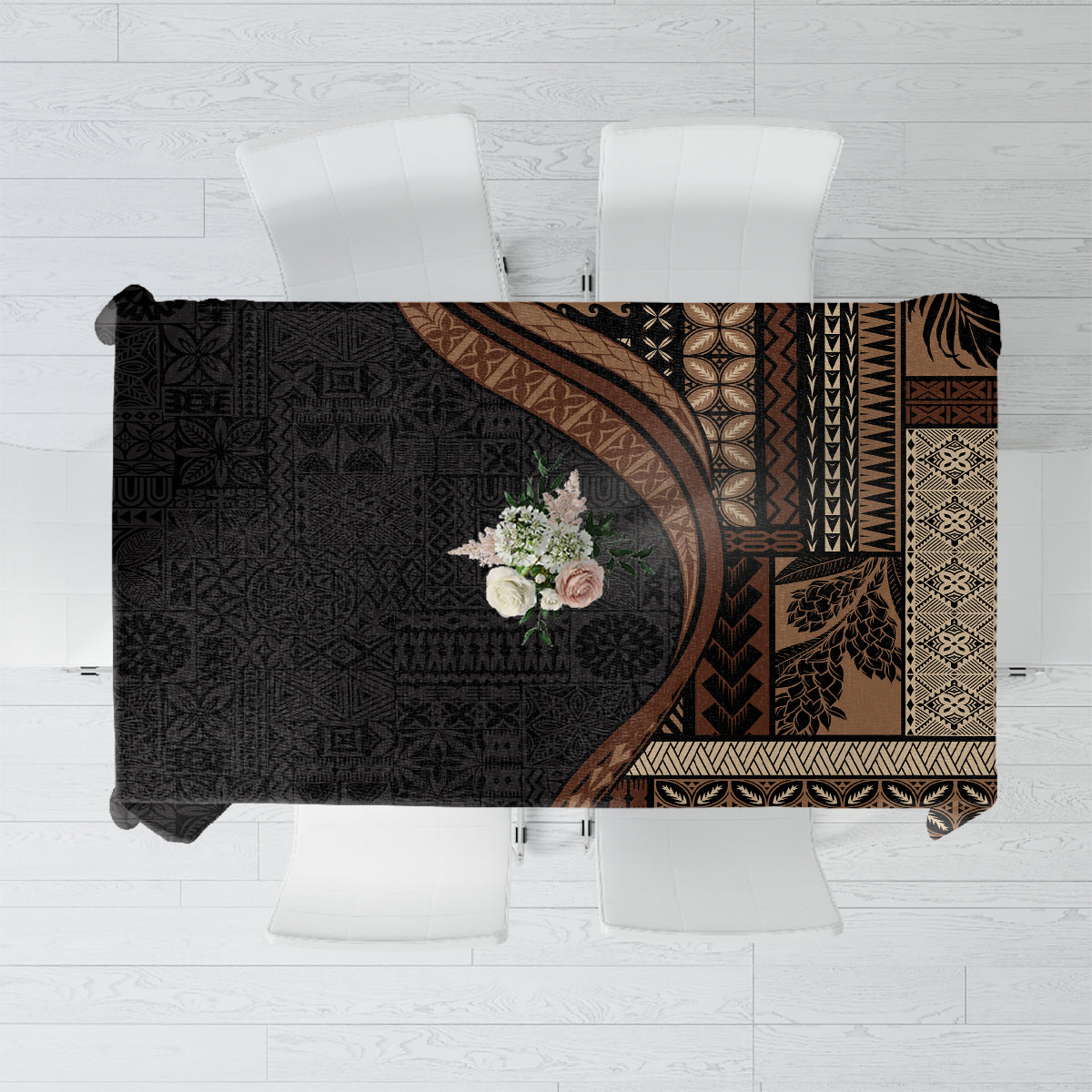 Samoa Siapo Motif and Tapa Pattern Half Style Tablecloth Black Color