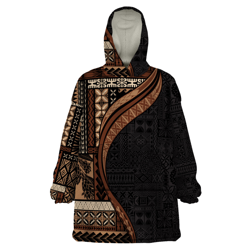 Samoa Siapo Motif and Tapa Pattern Half Style Wearable Blanket Hoodie Black Color LT03 One Size Black - Polynesian Pride