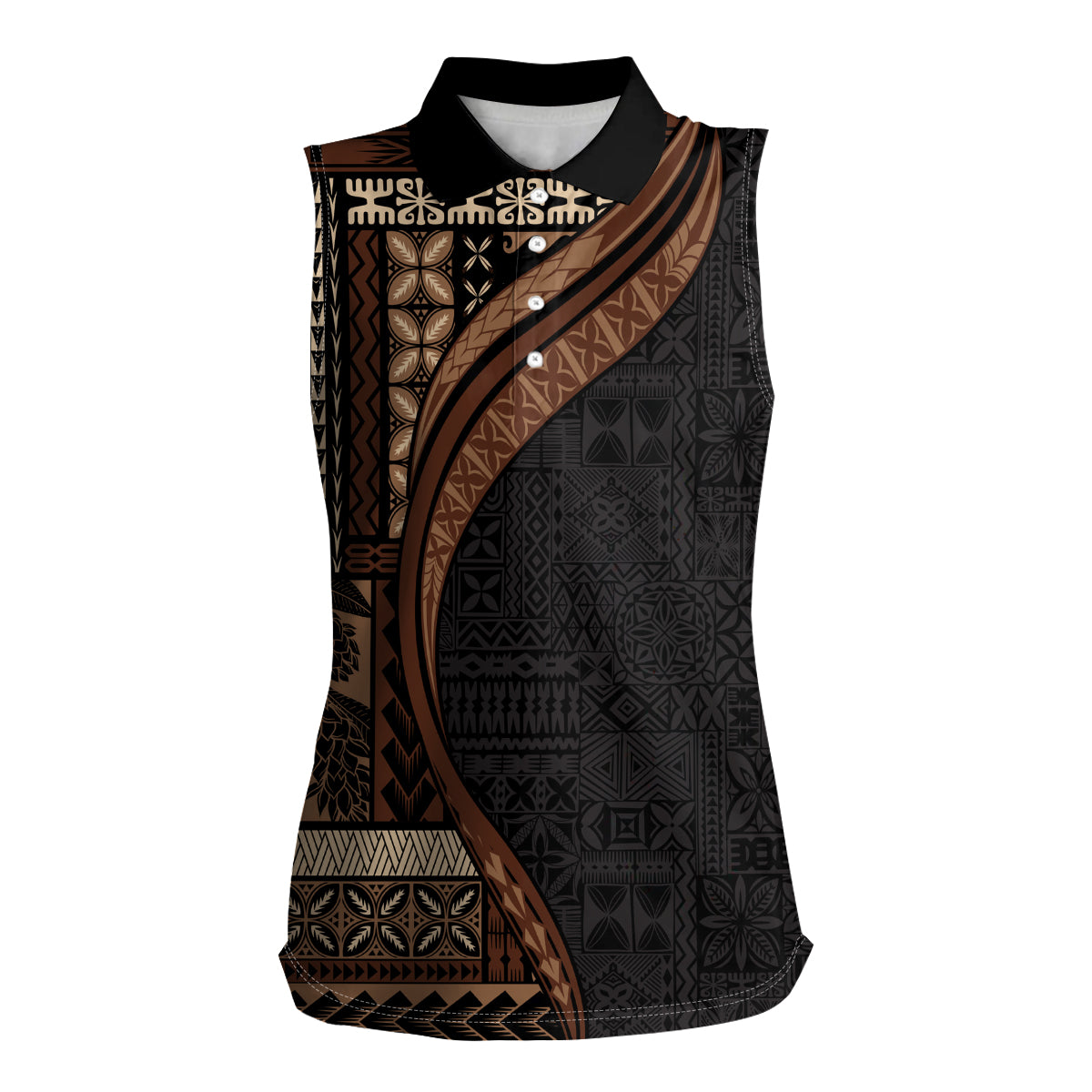 Samoa Siapo Motif and Tapa Pattern Women Sleeveless Polo Shirt - Black Color LT03 Female Black - Polynesian Pride