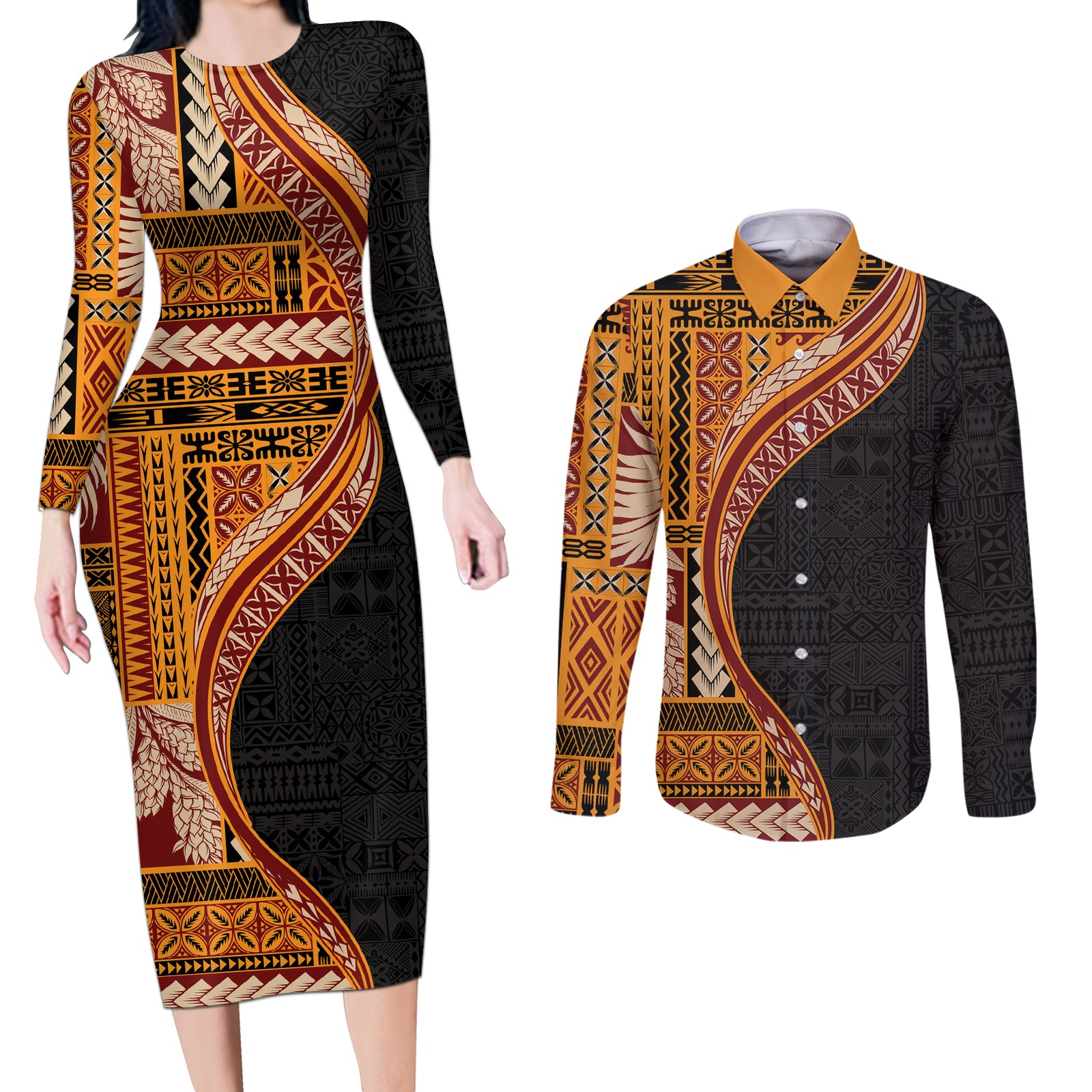 Samoa Siapo Motif and Tapa Pattern Half Style Couples Matching Long Sleeve Bodycon Dress and Long Sleeve Button Shirt Yellow Color LT03 Yellow - Polynesian Pride