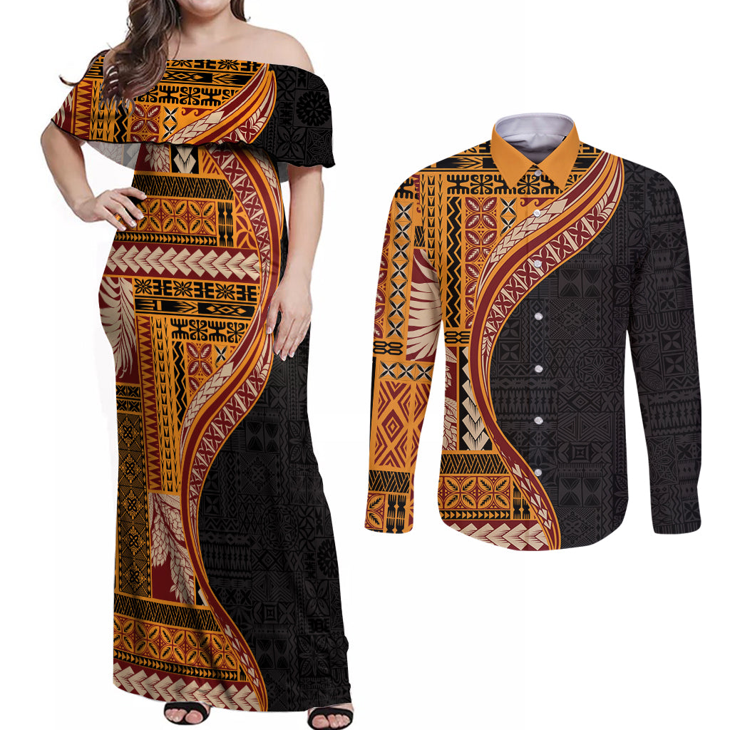 Samoa Siapo Motif and Tapa Pattern Half Style Couples Matching Off Shoulder Maxi Dress and Long Sleeve Button Shirt Yellow Color LT03 Yellow - Polynesian Pride