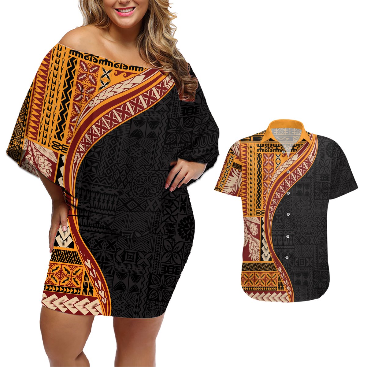Samoa Siapo Motif and Tapa Pattern Half Style Couples Matching Off Shoulder Short Dress and Hawaiian Shirt Yellow Color LT03 Yellow - Polynesian Pride