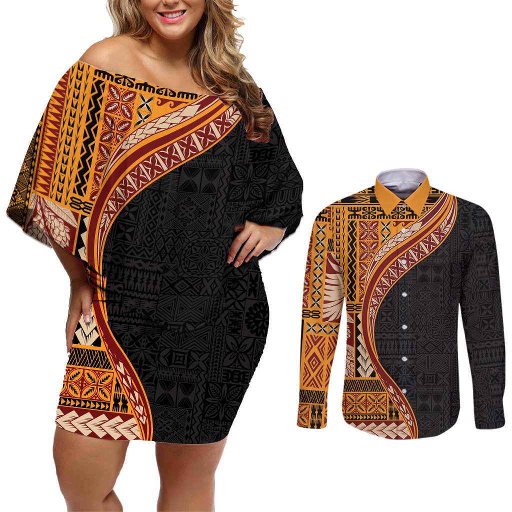 Samoa Siapo Motif and Tapa Pattern Half Style Couples Matching Off Shoulder Short Dress and Long Sleeve Button Shirt Yellow Color LT03 Yellow - Polynesian Pride