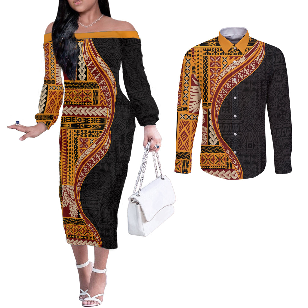 Samoa Siapo Motif and Tapa Pattern Half Style Couples Matching Off The Shoulder Long Sleeve Dress and Long Sleeve Button Shirt Yellow Color LT03 Yellow - Polynesian Pride