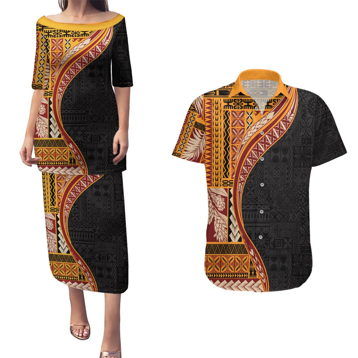 Samoa Siapo Motif and Tapa Pattern Half Style Couples Matching Puletasi and Hawaiian Shirt Yellow Color LT03 Yellow - Polynesian Pride