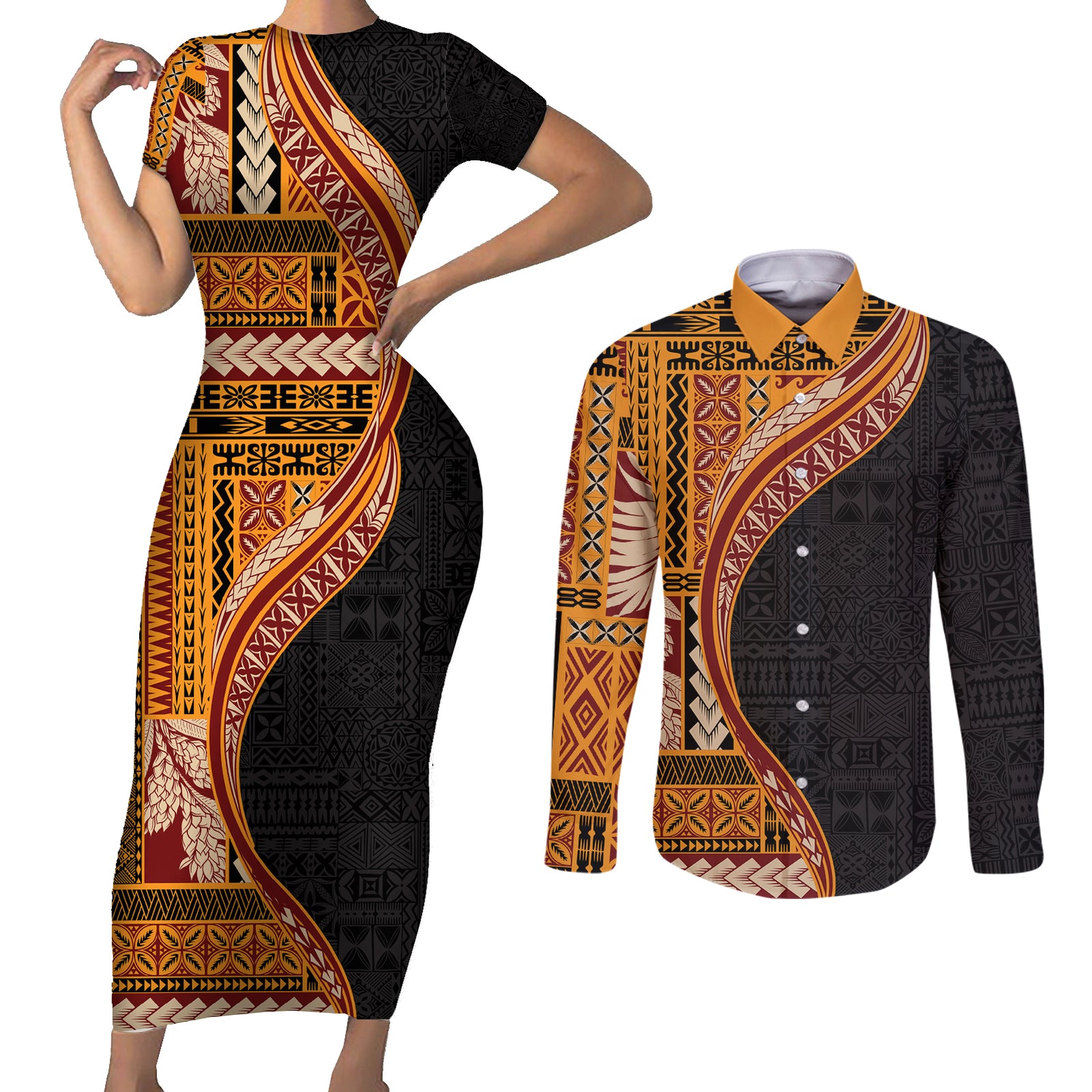 Samoa Siapo Motif and Tapa Pattern Half Style Couples Matching Short Sleeve Bodycon Dress and Long Sleeve Button Shirt Yellow Color LT03 Yellow - Polynesian Pride