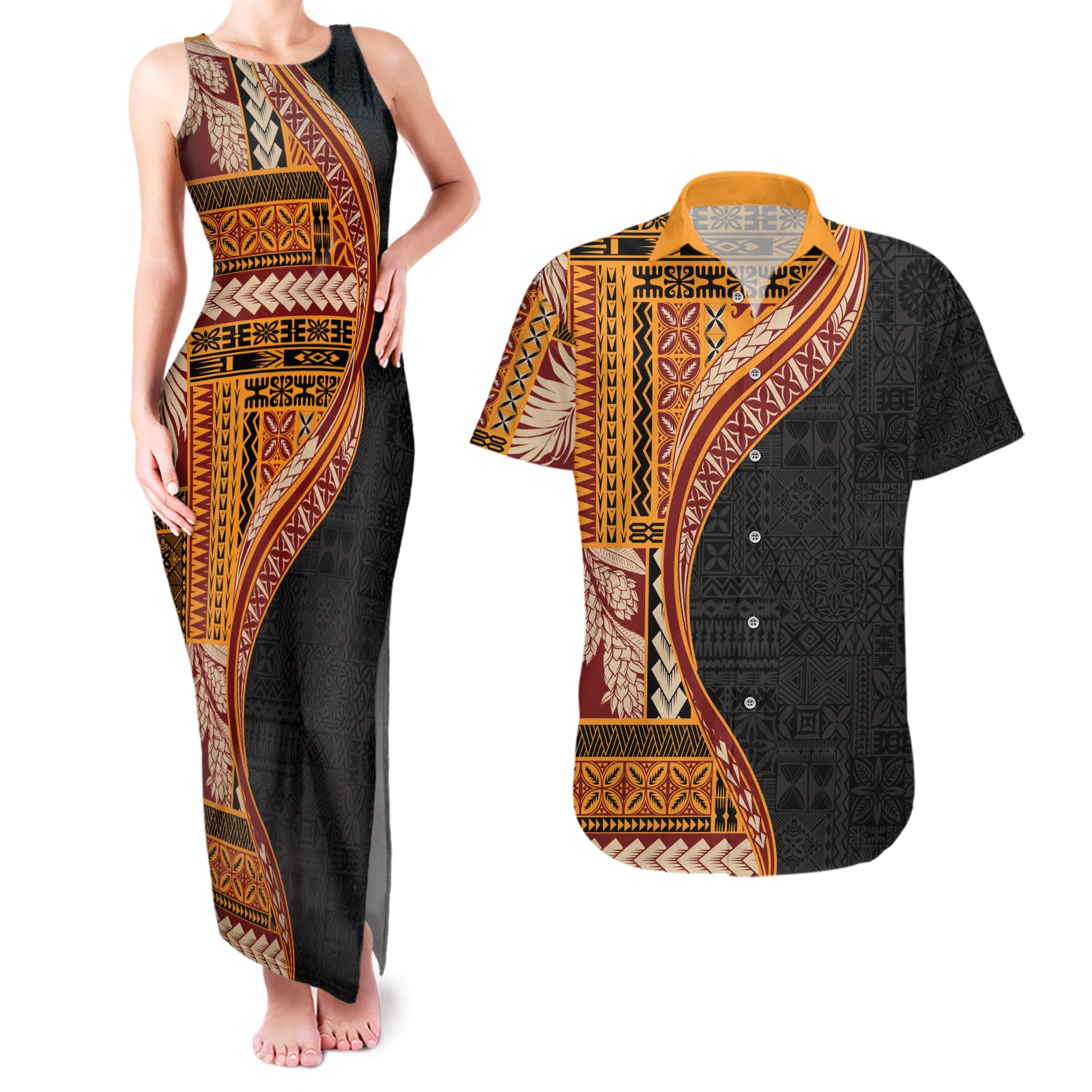 Samoa Siapo Motif and Tapa Pattern Half Style Couples Matching Tank Maxi Dress and Hawaiian Shirt Yellow Color LT03 Yellow - Polynesian Pride
