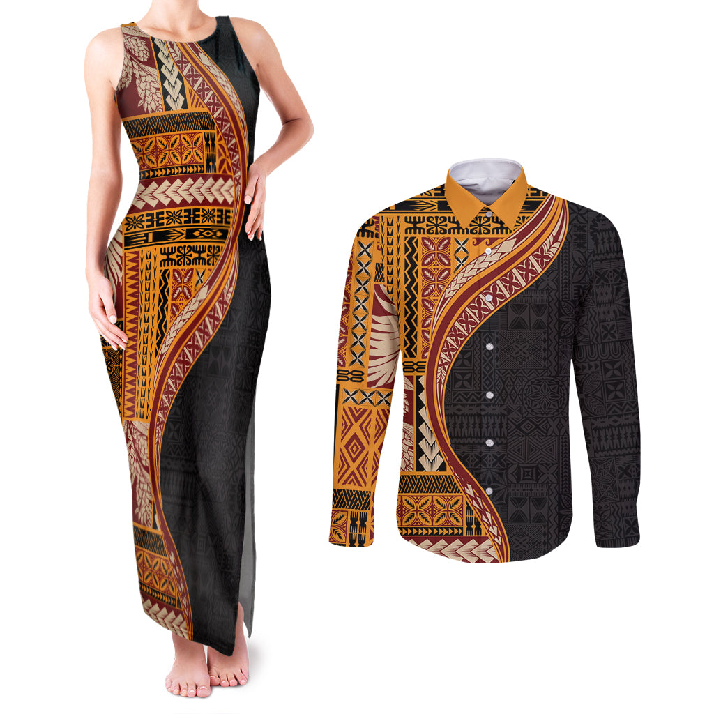 Samoa Siapo Motif and Tapa Pattern Half Style Couples Matching Tank Maxi Dress and Long Sleeve Button Shirt Yellow Color LT03 Yellow - Polynesian Pride