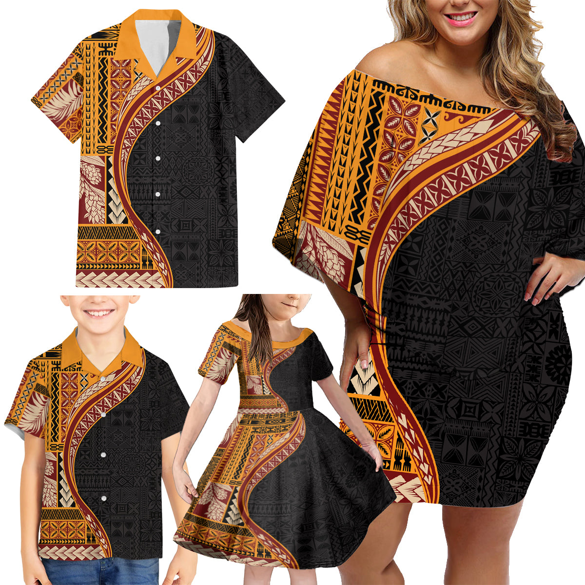 Samoa Siapo Motif and Tapa Pattern Half Style Family Matching Off Shoulder Short Dress and Hawaiian Shirt Yellow Color