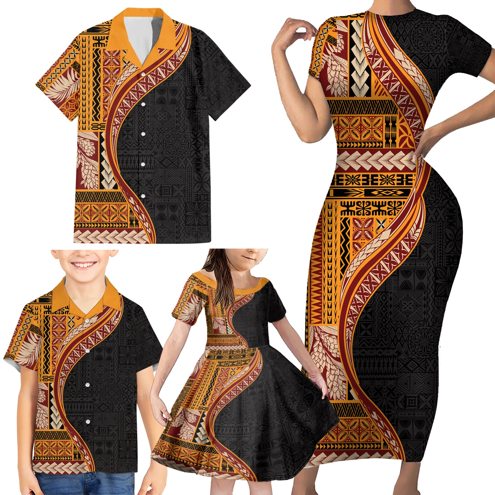 Samoa Siapo Motif and Tapa Pattern Half Style Family Matching Short Sleeve Bodycon Dress and Hawaiian Shirt Yellow Color LT03 - Polynesian Pride
