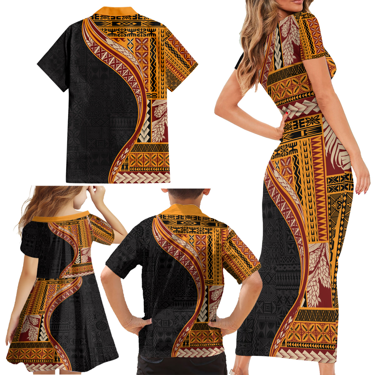 Samoa Siapo Motif and Tapa Pattern Half Style Family Matching Short Sleeve Bodycon Dress and Hawaiian Shirt Yellow Color