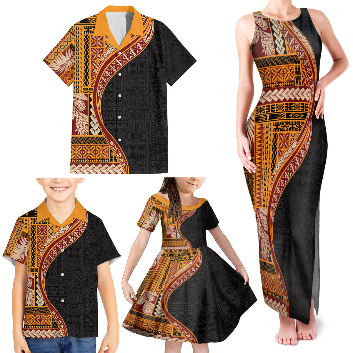 Samoa Siapo Motif and Tapa Pattern Half Style Family Matching Tank Maxi Dress and Hawaiian Shirt Yellow Color LT03 - Polynesian Pride