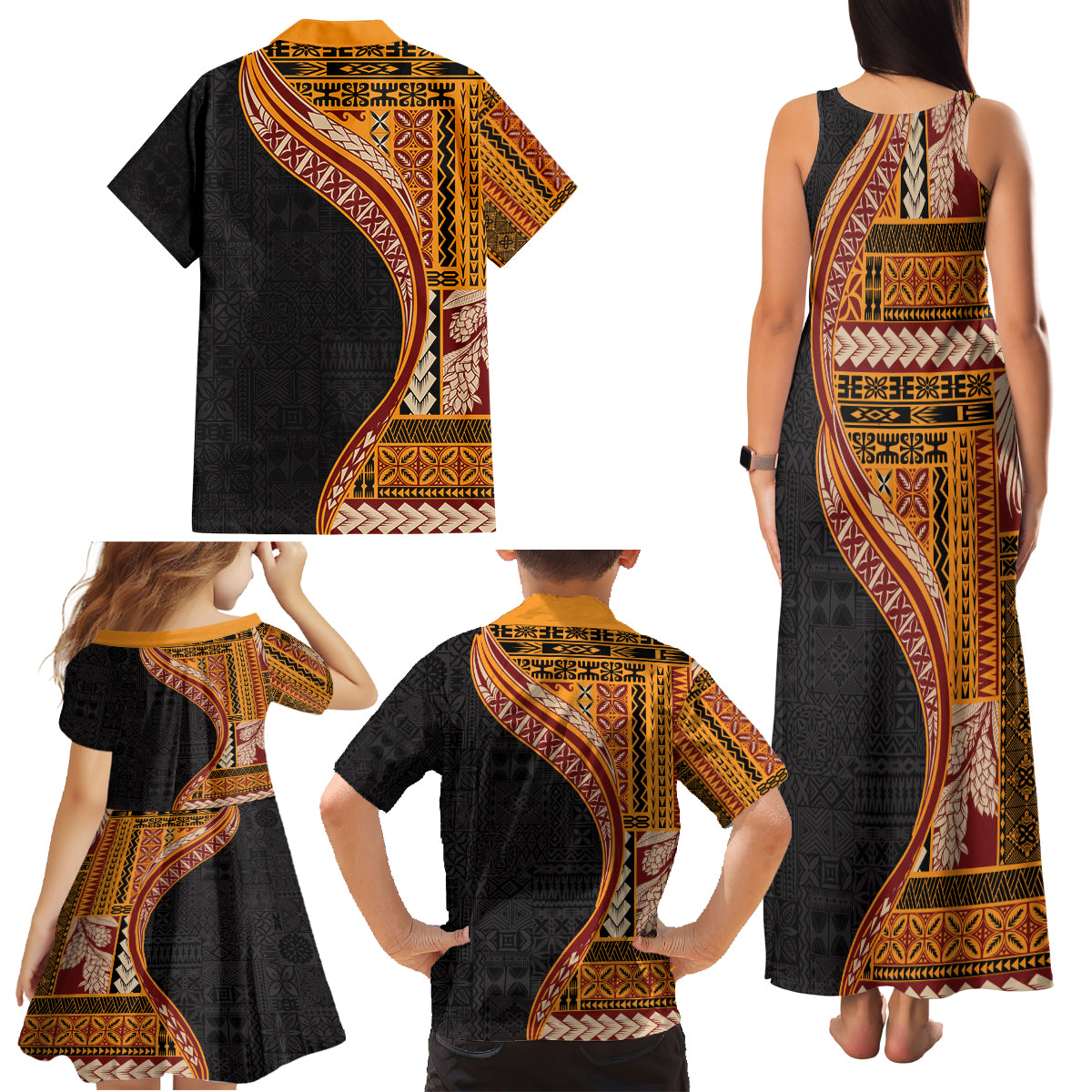 Samoa Siapo Motif and Tapa Pattern Half Style Family Matching Tank Maxi Dress and Hawaiian Shirt Yellow Color