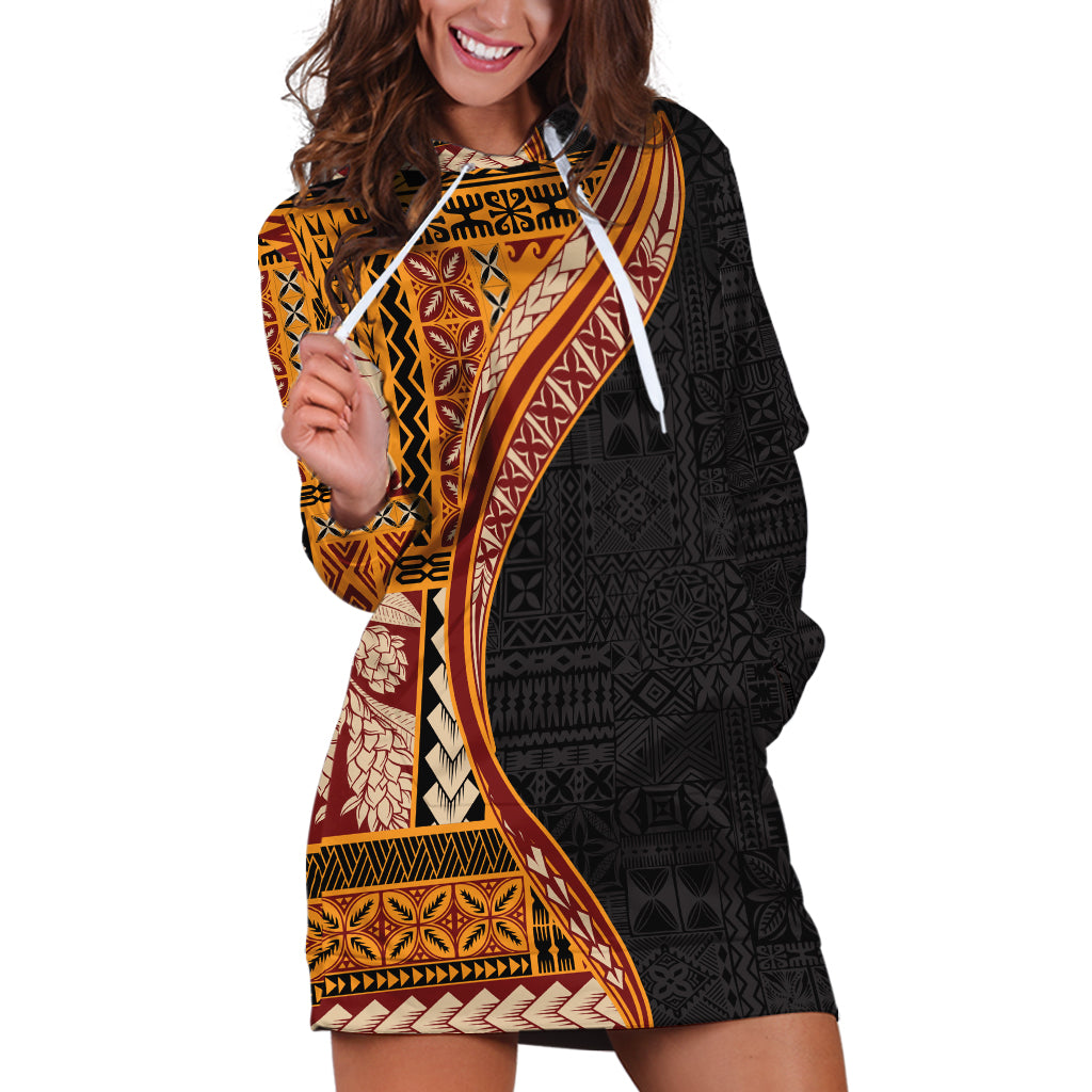 Samoa Siapo Motif and Tapa Pattern Half Style Hoodie Dress Yellow Color