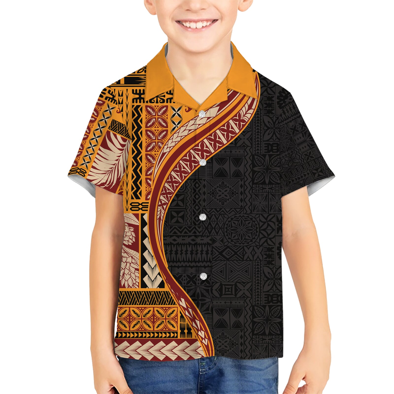Samoa Siapo Motif and Tapa Pattern Half Style Kid Hawaiian Shirt Yellow Color LT03 Kid Yellow - Polynesian Pride