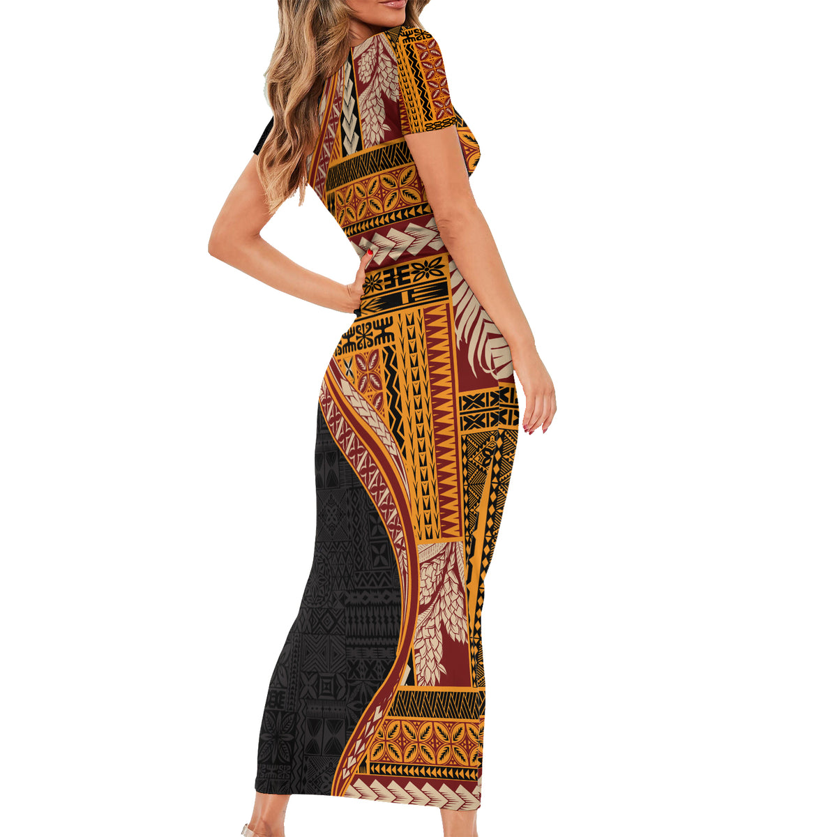 Samoa Siapo Motif and Tapa Pattern Half Style Short Sleeve Bodycon Dress Yellow Color