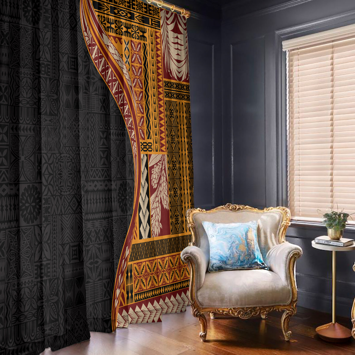Samoa Siapo Motif and Tapa Pattern Half Style Window Curtain Yellow Color LT03 - Polynesian Pride