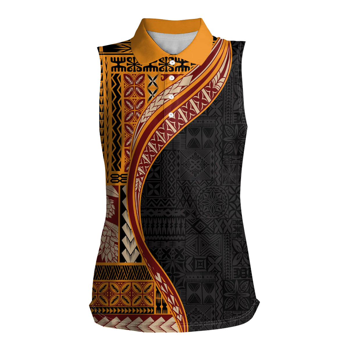 Samoa Siapo Motif and Tapa Pattern Half Style Women Sleeveless Polo Shirt Yellow Color LT03 Female Yellow - Polynesian Pride